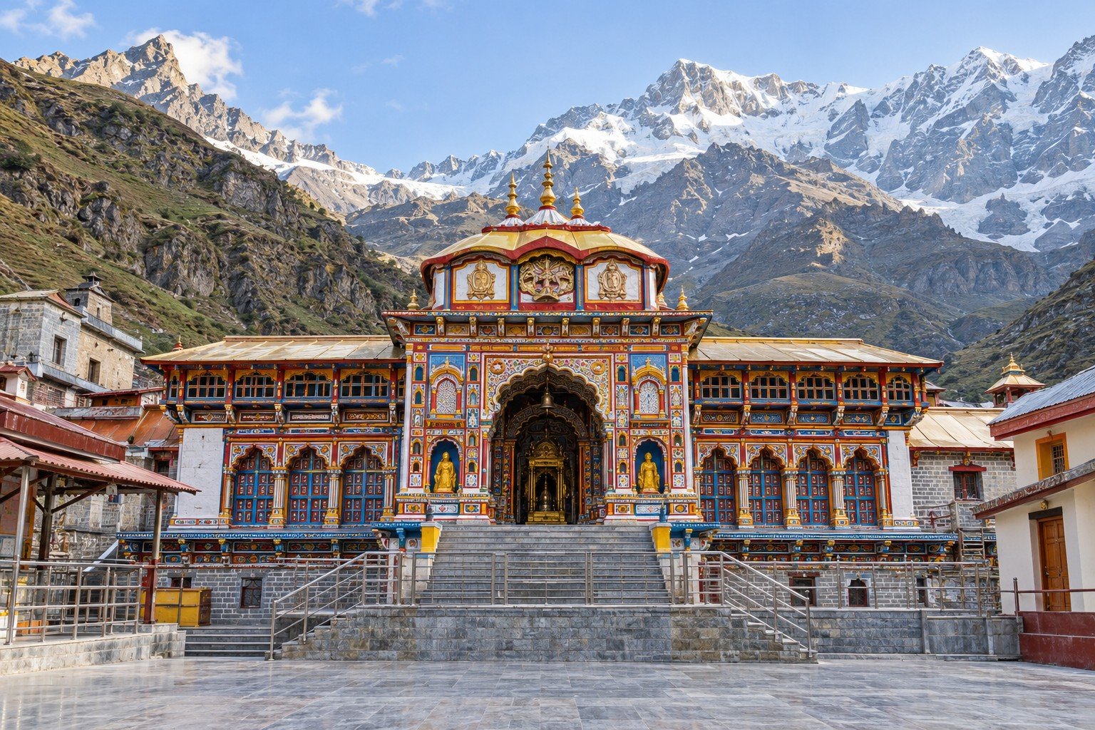 AI-generated illustration of the colourful entrance of Badrinath Temple in Uttarakhand